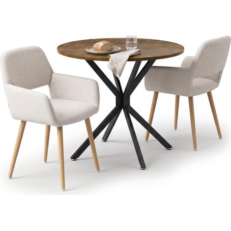 FurnitureR Ensemble repas 3 pièces, table ronde et 2 fauteuils, Table ronde de 90 cm avec 2 fauteuils beiges en tissu et pieds métalliques effet chêne (1/3)