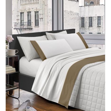 Completo Letto Lenzuola In Cotone Percalle Matrimoniale Lenzuolo Sotto Sopra Federe Con Balza A Contrasto Tinta Unita Elegante Due Piazze Misure Maxi Tortora (1/4)