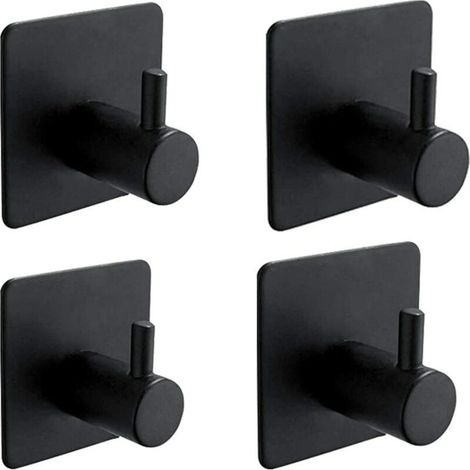 Lot de 4 crochets porte-serviettes, en acier inoxydable, avec fixation par bande autocollante, noir