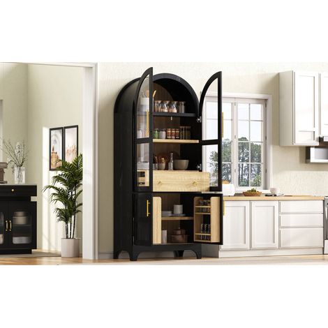 Buffet haut noir en bois composite avec étagères réglables, tiroir et verre cannelé pour salon, salle à manger et cuisine (1/5)