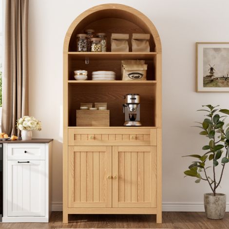 Buffet haut de cuisine 76x40x180 cm, façade arquée, 3 étagères ouvertes, tiroir, 2 portes avec porte-épices, MDF et aggloméré (1/5)
