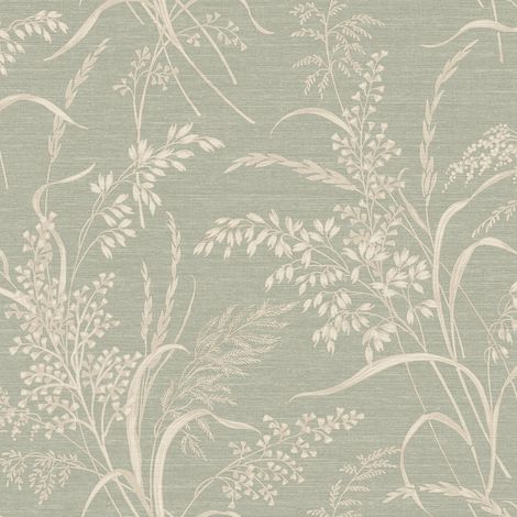 Botanical Silhouette Vinyl Wallpaper Sage Cream Meadow Leaf Linen Effect Decor
