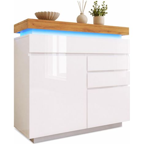 Commode blanche brillante 2 portes 3 tiroirs, LED App Control, 110 x 39 x 115 cm- FLORAGRACE (1/5)