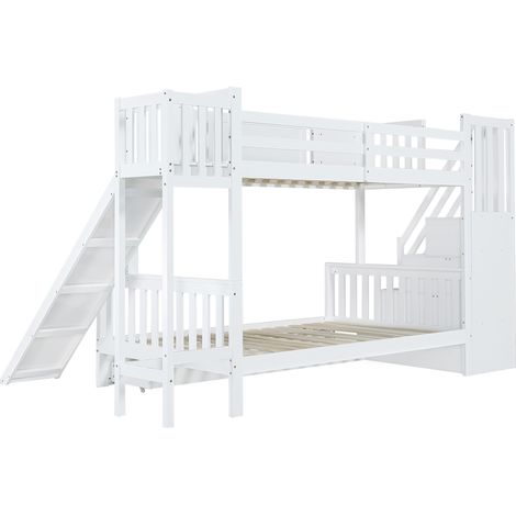 Lit superposé enfant avec toboggan, fenêtres, escaliers de rangement, blanc, bois MDF, 90x200 (1/5)