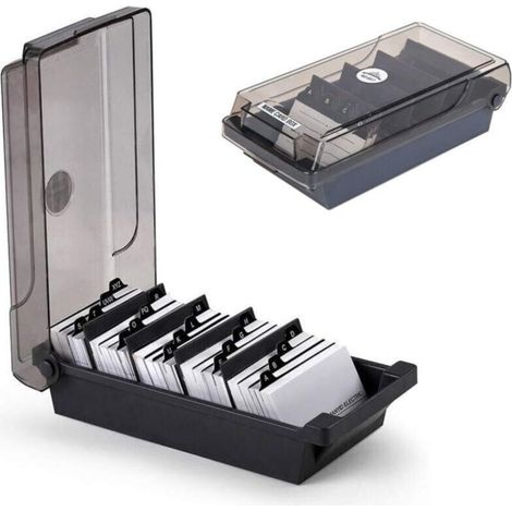 Porte-cartes de visite, boîte de rangement pour cartes de visite, boîte de 500 cartes, avec 4 panneaux de séparation et onglets index A-Z, noir (1/5)