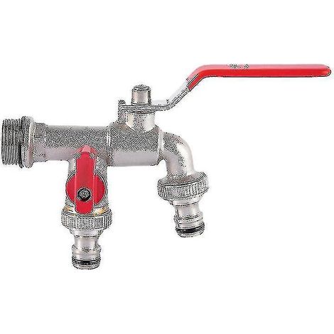 Gartenwasserhahn mit zwei Auslässen (1/2" / 3/4"), aus frostbeständigem Messing, für den Anschluss von Gartenschlauch und Wassertank, rot (1/5)