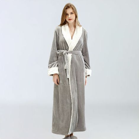 Women's Fleece Bathrobe, Dressing Gown Soft Bathrobe with Pockets Winter Christmas Gift L Gray WHWY (1/5)