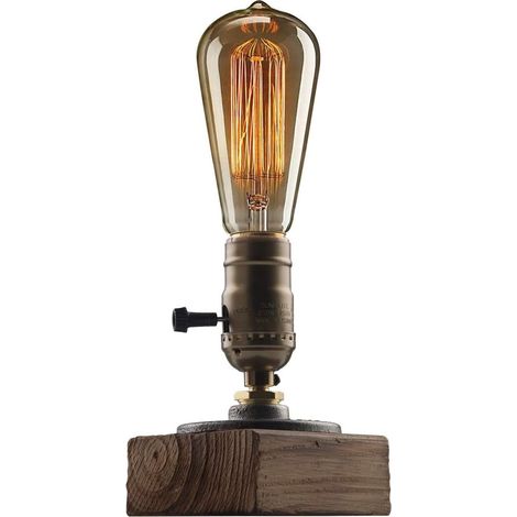 1 Lampe de bureau Steampunk, Base en bois, Douille E27, Interrupteur dimmable, Décoration loft