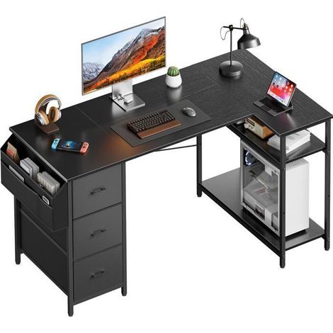 EcoFurnix Corner Desk, 140x78cm Gaming Desk, L-shaped Desk with 3 Drawers, Computer Desk with Storage, Black