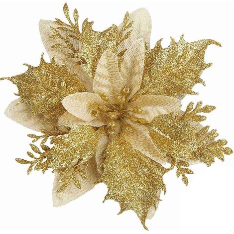 SHINING HOUSE 10 Stück Weihnachtsdekorationen, künstliche Weihnachtsblumen, Weihnachtsbaum-Glitzergirlande, künstliche Blumenanhänger, Gold, 14 cm (1/5)