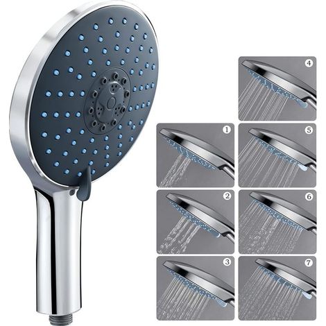 Pommeau de douche douchette, grand pommeau de douche économiseur d'eau haute pression pommeau de douche universel chromé, 7 types de jets différents douche, pommeau de douche économique douche (1/5)