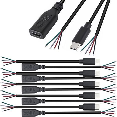 10Pcs Queue de cochon USB Type-Cmâle femelle,28AWG 5V 3A mâle femelle USB-C vers fil nu à 4 broches,USB type C Câble d'alimentation et de données, prise USB C à souder (25cm) (1/5)