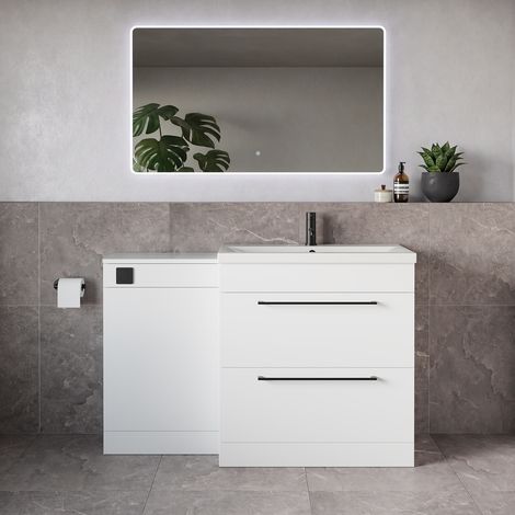 Napoli 390 Gloss White 1300mm 2 Drawer Vanity Unit Toilet Suite with Glide Basin - 1300mm - Matt Black 480mm HandleWithout Kingston Toilet Pan