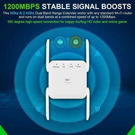 Puissant répéteur WiFi 1200Mbps Range Extender double bande 5 GHz et 2.4 GHz. compatible avec AP/routeur/pont (1/5)