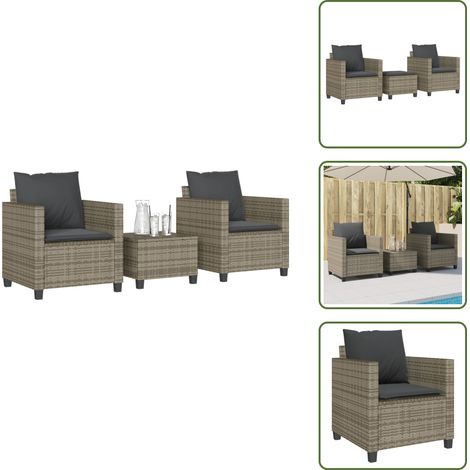 3-tlg. Bistro-Set mit Kissen Grau Poly Rattan - Gartentisch - Gartenstühle - Bistroset - Outdoormöbel - Gartenmöbel (1/5)