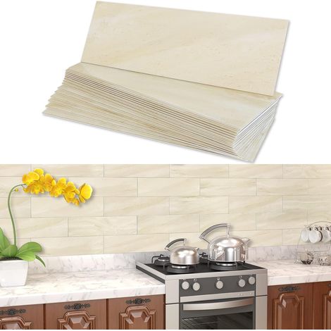 Carreaux autocollants effet marbre pour mur et métro, adhésifs de protection pour revêtements de cuisine et salle de bain, panneaux adhésifs individuels grands (beige, 16 carreaux) (1/5)