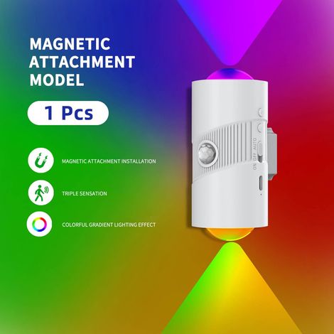 Applique Murale - Capteur De Mouvement - Éclairage RGB Graduel - Recharge Magnétique - Fonctionne Sur Piles - Pour Couloir Chambre Extérieur - 1 Pièce (1/5)