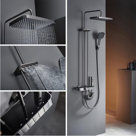 Système de Douche Thermostatique, Colonne de Douche avec Affichage de la Température, Pulvérisateur d'épaule, Douche Bidet, Robinet de Douche de Baignoire, Pommeau de Douche, Douche à main (Gris) (1/4)