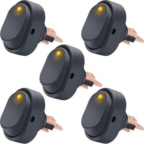 ASW-20D-Y LED-beleuchteter Kippschalter, 12 V, 30 A, SPST, 3-polig, Ein-Aus, gelb, runder Punktschalter für Auto, Boot, Marine, 5 Stück (1/5)