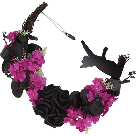 Couronne d'Halloween créative avec chat noir et lune, guirlande décorative pour porte d'entrée ou couloir (1/5)