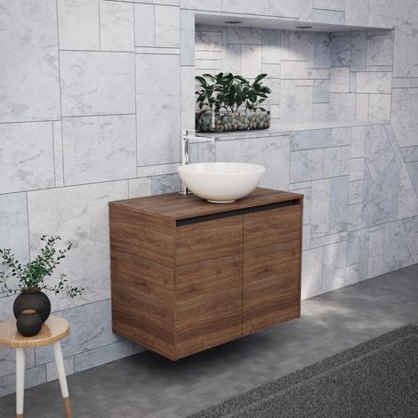 Inda - Badezimmerschrank B.80 mit Aufsatzwaschbecken / Braune Eiche 2 Türen - Saphir (1/5)