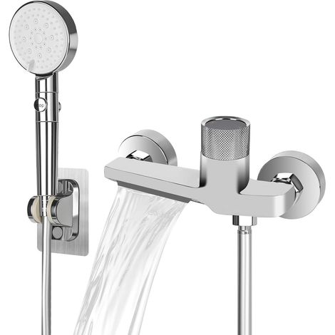 Bath Faucet with Shower, Waterfall Faucet, 5ft PVC Hose and Wall Bracket, Shower Mixer Tap with 5 Functions, Bath Faucet, Silver (1/5)