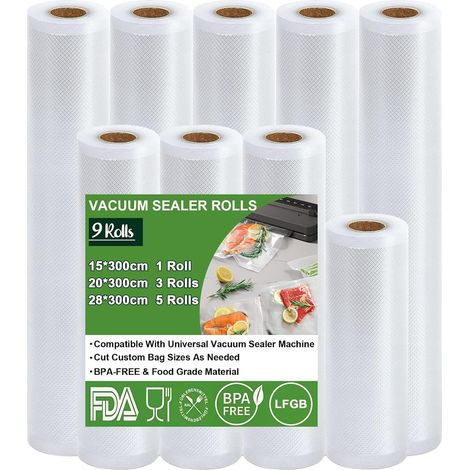 Sac sous Vide Alimentaire, 9 Rouleaux 15x1/20x3/28x5/x300cm Film Sous Vide Alimentaire, Approuvé par la FDA, LFGB, Rouleau Sous Vide Alimentaire, Sac Congelation Sous Vide, Sans BPA (1/5)