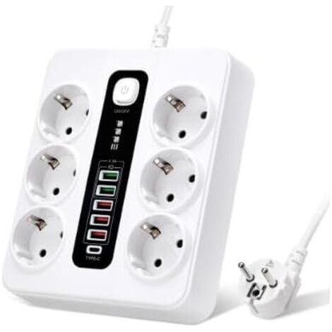 6-fach Steckdosenleiste mit USB-Anschlüssen, 12-in-1 Steckdosenleiste mit 5 USB-A- und 1 USB-C-Anschluss, mit Schalter, 2 m Verlängerungskabel, 3000 W, Steckdosenleiste für Büro und Zuhause (1/5)