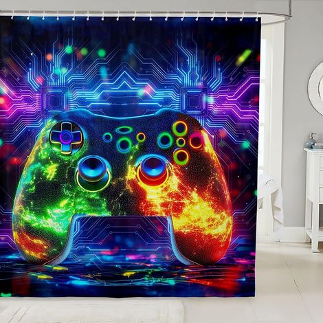 Rideau Douche 180x210cm Joueur Moderne 3D Rideaux de Douche Manette de Jeu Rideau de Baignoire Jeu Néon Géométrique Rideaux Salle de Bain Consoles de Jeux VidéoDécor Chambre - 180L X 210H cm (1 Pannea (1/5)
