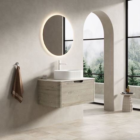 Mueble de baño suspendido con lavabo ovalado blanco veta de madera de roble 80x46x50.2 cm color beige+blanco (1/5)