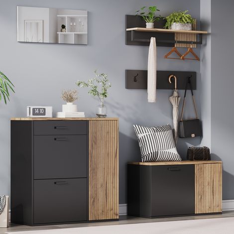 Set guardaroba da ingresso 85x36x85 cm e 80x36x48 cm naturale e nero in truciolato con specchio, panca e scarpiera (1/5)