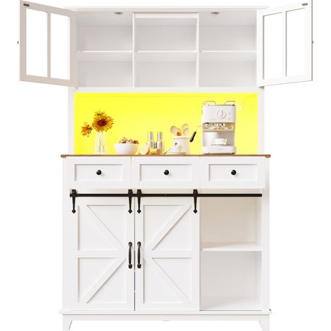 Buffet de cuisine vitré LED blanc, meuble haut de rangement avec étagères réglables, porte coulissante style ferme, pour cuisine ou salon CHICFURN (1/5)