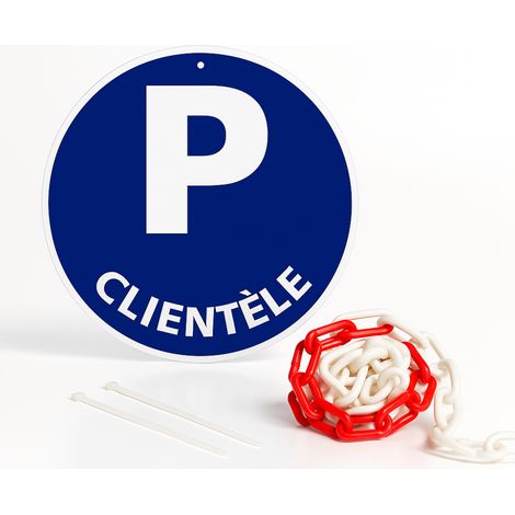 Parking clientèle disque rigide prépercé avec chaine plastique rouge/blanc avec collier de serrage de serrage - panneau rond signalisation Diamètre 300 mm