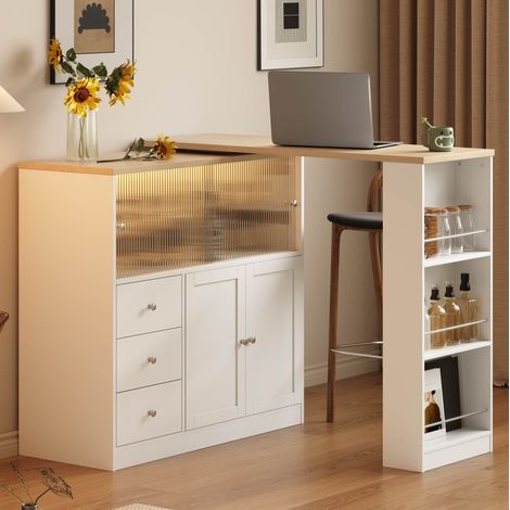 MODFU – Isla de cocina extensible 115-172x40x96 cm de MDF con tablero giratorio 360°, LED RGB, compartimentos y carga 60 kg – Blanco (1/5)