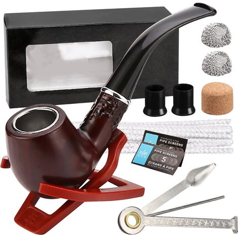 Set di pipe da tabacco artigianali in legno d'ebano con accessori e confezione regalo, con supporto pieghevole, per uomini e principianti.
