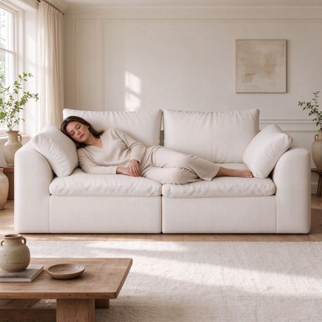 Canapé droit 180 cm effet nuage – Canapé 2 places compressé – Mousse pure haute élasticité – Tissu en lin – Sans outils – Beige (1/5)