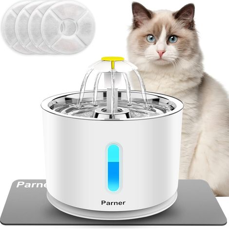 Fontaine à Eau pour Chat, Fontaine Chat 2.4L, Distributeur Eau pour Chat Chien avec 4 Filtre à Charbon Actif, 1Tapis de Silicone, Fontaine Silencieuse avec Plateau en Acier Inoxydable, Veilleus (1/5)