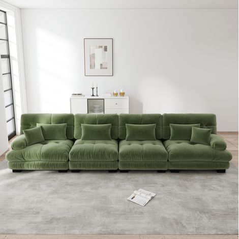 Modulares 4-Sitzer-Ecksofa mit tiefer Sitzfläche aus grüner Chenille HAVRYA (1/5)