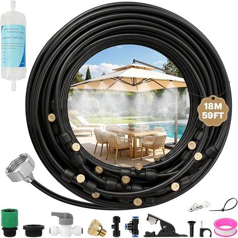 Brumisateur Terrasse,Kit Brumisateur Exterieur,18M Tuyau 25 Buses de Brume avec Joint en T Adaptateur 3/4",Kit d’Irrigation Système Brumisateurs eau Exterieur Terrasse Parasol Pergola Jardin Piscineb (1/5)