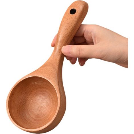 Lot de 2 louches en bois de hêtre - Grande cuillère à porridge - Ustensile de cuisine - 22 x 9 cm - Marron (1/5)