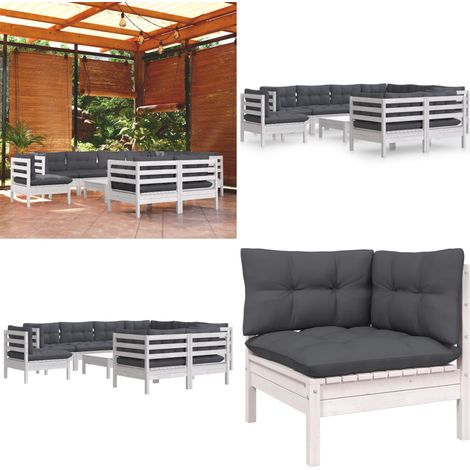 10-tlg. Garten-Lounge-Set mit Kissen Weiß Kiefer Massivholz - Gartensessel - Lounge Set - Gartenmöbel - Rattan Möbel - Outdoor Furniture - Home & Living (1/5)