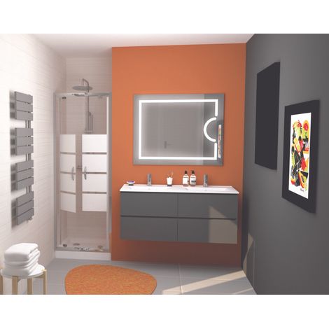 Ondee – Meuble à suspendre MAX 120 cm – MDF gris mat – 4 tiroirs fermeture progressive – Vasque céramique extra-plate avec trop plein (1/4)