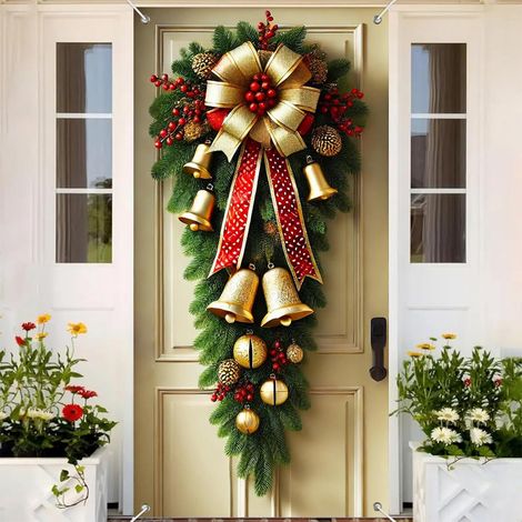 Rideau De Porte De Noël - Avec Clochettes Et Nœuds - Bandeau Suspensif En Polyester Pour Décoration Intérieure Festive - 90 X 180 Cm (1/5)
