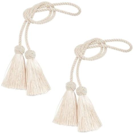 Lot de 2 embrasses de rideaux à pompons à double extrémité faites à la main en corde tressée avec nœuds de style européen pour décoration de fenêtre de maison et de bureau (beige)