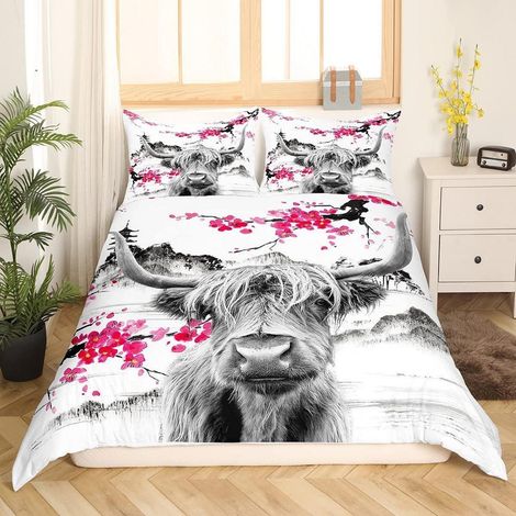 Bettwäsche-Set Highland Kuh mit Kirschblüten, 155x220cm, Microfaser