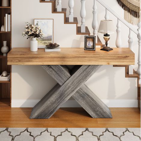 Console étroite 140 x 30 x 80 cm avec pieds en X, panneaux de particules, naturel (1/5)