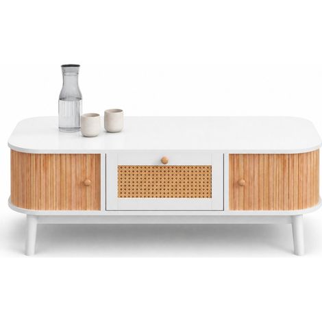 Table basse avec rangements et portes coulissantes en bois, détails en résine tressée, pieds en bois, style maison de campagne - CHICFURN (1/5)