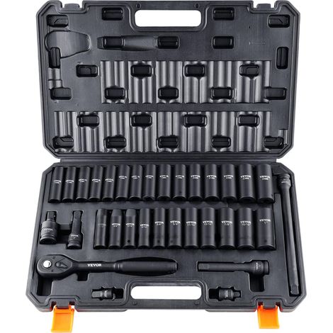 VEVOR Set di Bussole a Percussione da 1/2", Set da 33 Pezzi SAE 3/8"-1" Metrico 10-24 mm, Acciaio Legato Cr-V a 6 Punti per Riparazioni Auto, Marcature delle Dimensioni di Facile Lettura con Valigetta (1/5)
