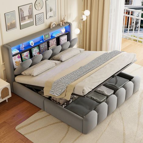 Lit double capitonné 180x200 cm en velours gris, rangements hydrauliques, LED, USB-C (1/5)