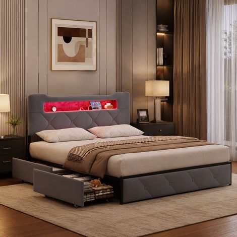 Lit coffre 160×200 cm,lumière LED et port USB,cadre de lit 160×200,4 tiroirs,lit double capitonné,tête de lit avec rangement,style moderne,sommier à lattes,lit adulte,lit ados,Velours,Gris (1/5)